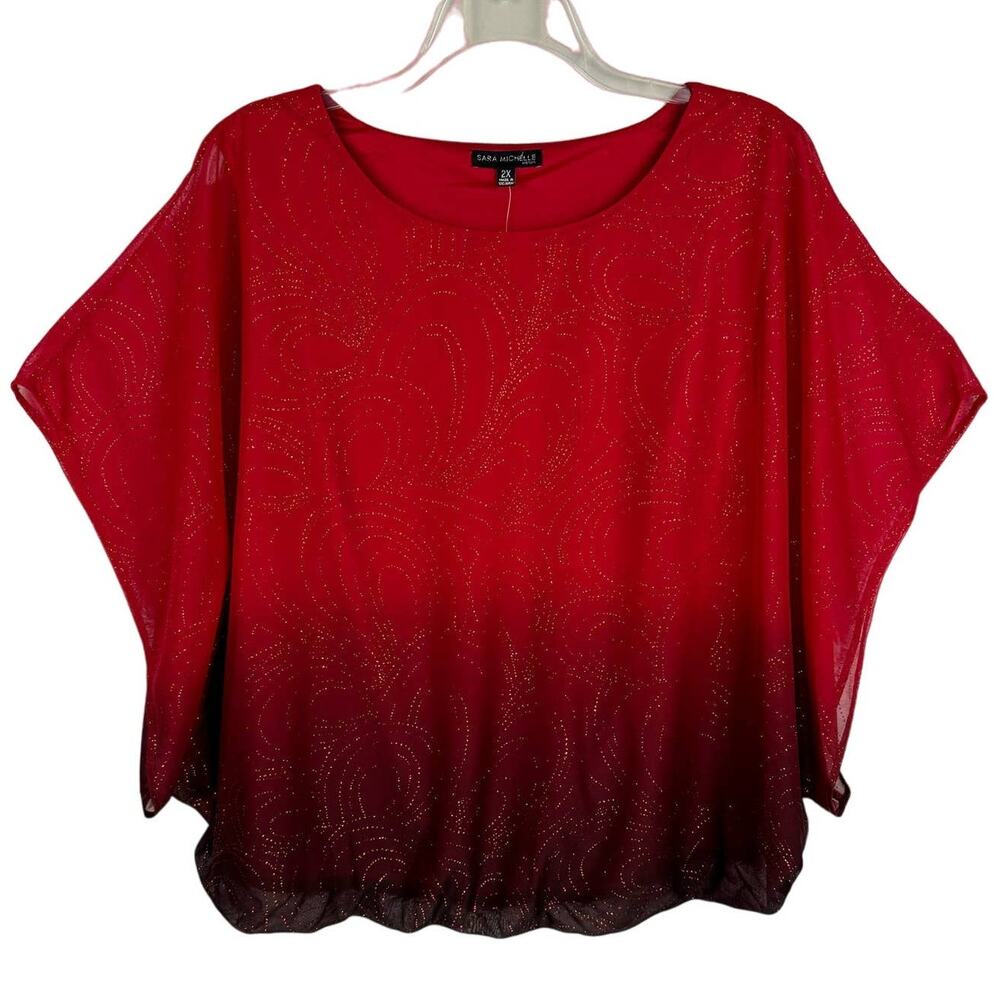 NWT SARA MICHELLE | Red to Black Ombre Sparkly Flowy Blouse Top | Women's 2X